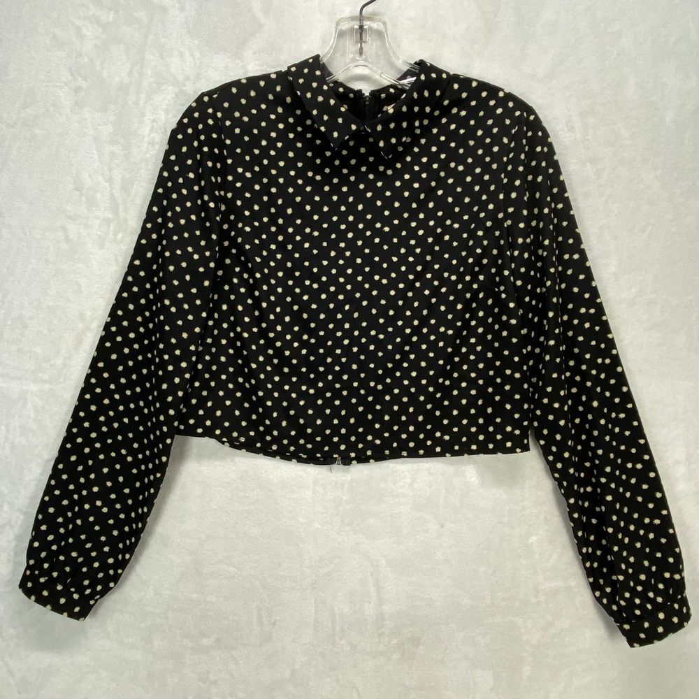 Coincidence & Chance Crop Top S Black Cream Polka Dot LS Mock Neck Blouse